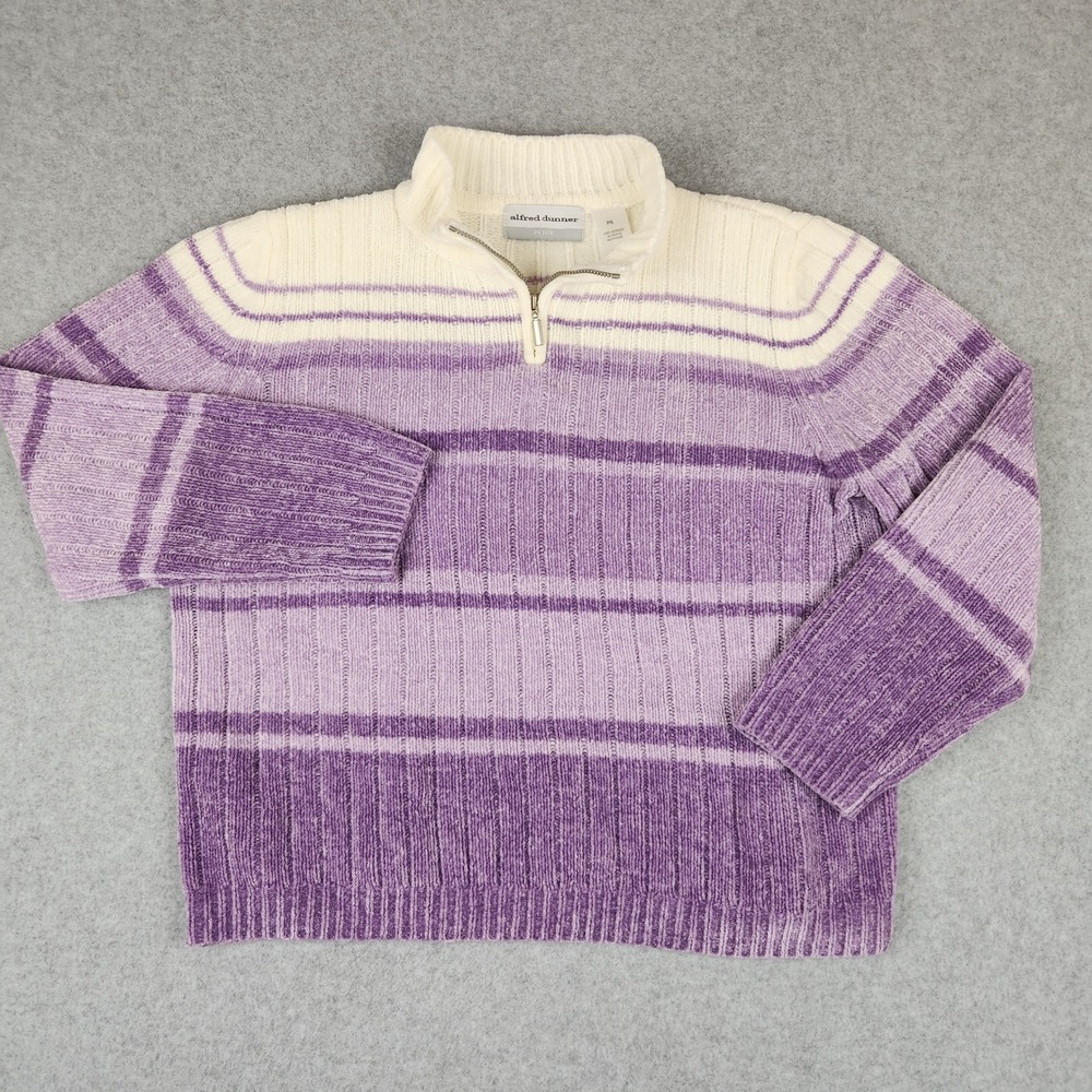 Alfred Dunner Petite Purple Striped Quarter Zip Chenille Sweater PS Mock Neck